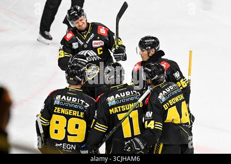 Eishockey DEL2 -Testspiel : Krefeld Pinguine vs Düsseldorfer EG AM.07.09.2025 in der Yayla Arena in Krefeld Torjubel der Pinguine nach dem 2 :0 Foto : osnapix Banque D'Images