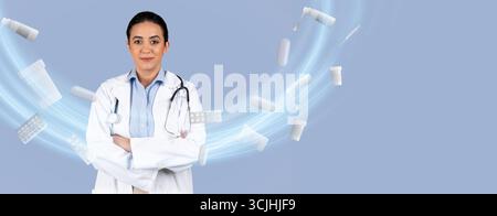 Professionnel de santé en tenue médicale entouré de visuels médicamenteux Banque D'Images