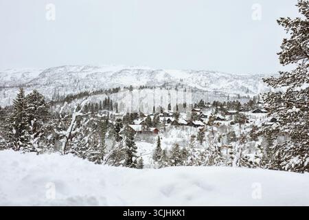 Le paysage hivernal présente un village paisible entouré d'arbres et de montagnes enneigés, évoquant un sentiment de calme et de beauté dans un environnement glacial Banque D'Images
