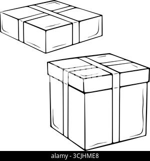 Deux boîtes cadeaux attachées avec des rubans dessin au trait Illustration de Vecteur