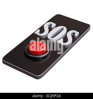 Bouton SOS sur un téléphone portable isolé sur blanc. Hotline d'appel d'urgence, illustration 3D. Banque D'Images