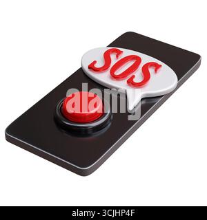 Bouton SOS sur un téléphone portable isolé sur blanc. Hotline d'appel d'urgence, illustration 3D. Banque D'Images