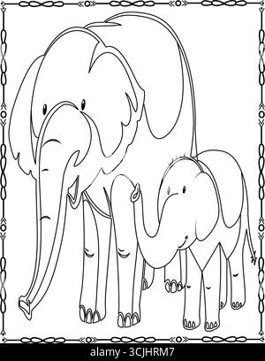 Éléphant mère et bébé coloriage page pour les enfants, une activité amusante pour les enfants, avec des dessins de contour imprimables sur un fond transparent. Illustration de Vecteur