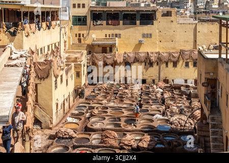 Fès, Maroc, 1er mai 2025. Vue sur la Tannerie Chouara, l'un des monuments les plus populaires et les plus visités de la médina de Fès Banque D'Images