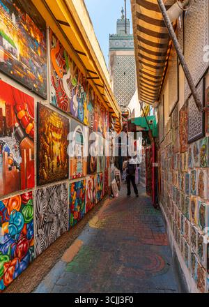 Fès, Maroc, 1er mai 2025. Vue sur Rainbow Street, une ruelle dans la médina de Fès présentant des œuvres d'art colorées Banque D'Images