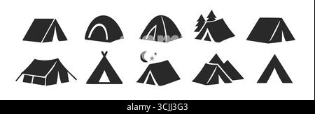 Icône noire de silhouette de vecteur de camp de tente. Tente isolée de vacances militaires en plein air camping icône de vacances Illustration de Vecteur