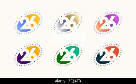 Collection Number Anniversary Colourul 26e, 26e Happy Anniversary avec forme ovale, sphérique ou elliptique et n'importe quelle couleur. Illustration de Vecteur