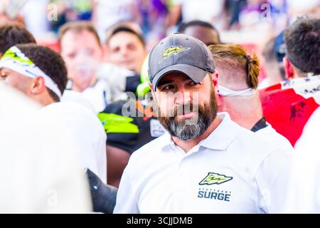 Stuttgart, Allemagne. 07 septembre 2025. Ligue européenne de football, ELF/ Championnat match 2025 : Vikings de Vienne - Stuttgart Surge le 07. Septembre 2025 , dans la MHP Arena , Stuttgart , Allemagne, Stuttgart Surge / entraîneur principal Jordan Neuman. Crédit : Frank Baumert/Alamy Live News Banque D'Images