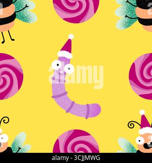Chenilles de Noël pour enfants sans couture vers et motif d'abeilles pour tissus et textiles et emballages et linge de maison Banque D'Images