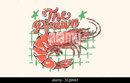 Illustration rétro d'une crevette fraîche sur un fond de grille. Illustration vintage de fruits de mer pour t shirt imprimé, autocollant Illustration de Vecteur