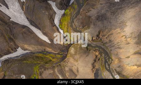Vue aérienne des hautes terres islandaises avec rivière tressée coulant entre des plaques de neige de terrain rocheux et de la mousse verte dans un paysage spectaculaire Banque D'Images