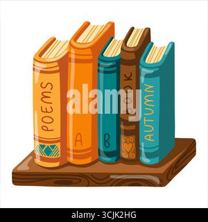 Pile vectorielle de dessins animés de livres sur étagère en bois. Illustration isolée vectorielle sur fond blanc. Illustration de Vecteur