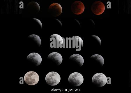 Séquence composite de l’éclipse lunaire totale du 7 septembre 2025 au-dessus de Mayotte, montrant la transition de la Lune en une Lune de sang rouge. Banque D'Images