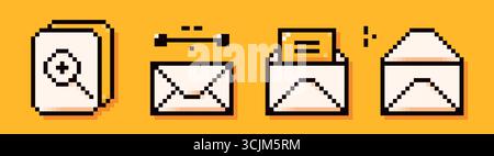 Icônes de jeu de couleur pixel art sur fond jaune. Lettres, enveloppes et logo de recherche dessinés dans un style de bit de Y2K simple. Illustration de Vecteur