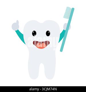 Dent de dessin animé heureuse avec brosse à dents. Illustration de Vecteur