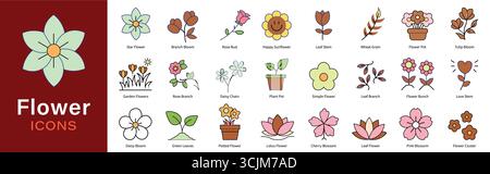 Ensemble d'icônes de fleurs colorées – Collection vectorielle botanique pour les thèmes de la nature et du jardin Illustration de Vecteur