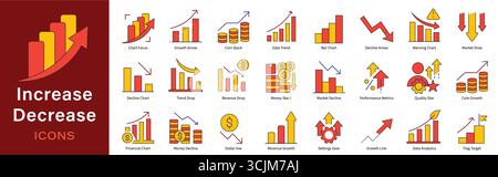 Augmenter diminuer l'ensemble d'icônes - analyse de la croissance de l'entreprise, flèches vers le haut vers le bas, graphiques et statistiques de performance collecte d'icônes vectorielles Illustration de Vecteur