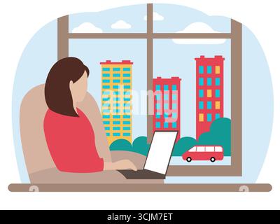 Femme travaillant à la maison sur un ordinateur portable. Illustration de Vecteur