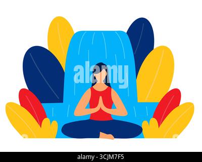 Femme méditant en position de lotus avec fond de cascade. Illustration de Vecteur