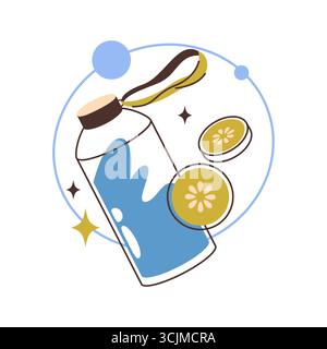 Bouteille de vecteur avec de l'eau ou de la limonade et tranche de citron. RECIPIENT pour boisson contenant un liquide aromatisé ou un fluide rafraîchissant. Boisson estivale ou symbole de boisson saine. Article de remise en forme à vaisselle. Récipient portatif. Illustration de Vecteur