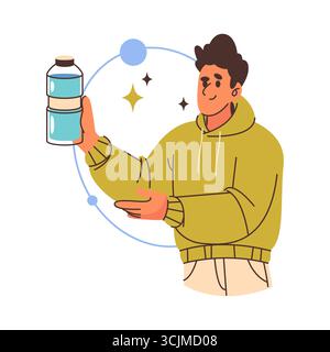 Homme tenant bouteille avec eau potable. Illustration vectorielle pour la consommation de H2O et la boisson saine. Carte pour boisson aqua pure et propre. Icône de boisson. Boire et soif, clipart d'hydratation. Illustration de Vecteur