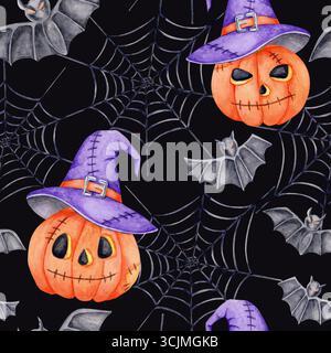 Clipart aquarelle de citrouilles orange dans des chapeaux violets de sorcière avec des toiles d'araignées disposées dans un motif sans couture sur un fond gris foncé. Convient pour les tissus d'Halloween, le papier d'emballage et les imprimés Banque D'Images