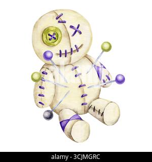Poupée voodoo clipart aquarelle avec épingles vertes et violettes, face de bouton cousue et détails de patch. Composant de motif sans couture pour les textiles effrayants, l'artisanat ou les invitations de fête Banque D'Images