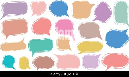 Jeu de doodle à bulles de discours dessiné à la main. Videz différents formulaires pour le texte. Paquet de boîte de dialogue, signes colorés, éléments vectoriels Illustration de Vecteur