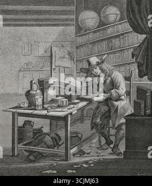 Étudiant dans sa chambre. Gravure de Huyot d'après un artiste hollandais anonyme, vers 1650. XVIIe siècle : lettres, sciences et arts, France 1590-1700 (XVIIe siècle : lettres, sciences et arts), par Paul Lacroix. Publié à Paris par librairie de Firmin-Didot et Cie, 1882. Banque D'Images