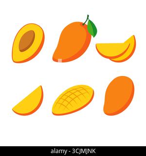 Collection d'illustrations de fruits de mangue dans le style vectoriel plat. Mangue entière, tranches, morceaux coupés, graine et demi-fruit isolés sur fond blanc. Brig Illustration de Vecteur