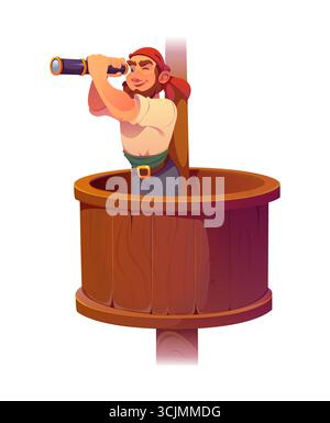Personnage de marin d'équipage de bateau pirate de bande dessinée dans un nid de corbeau en bois regardant à travers un espion. Personnage maritime corsaire joyeux vecteur isolé avec bandana rouge et chemise blanche scannant l'horizon Illustration de Vecteur