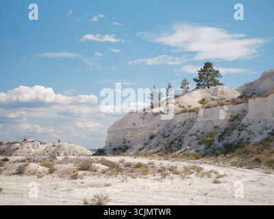 Belle montagne blanche avec dépôt de craie texturé avec des pins verts résilients contre le ciel bleu clair et les nuages. La beauté et l'éclat de la nature Banque D'Images