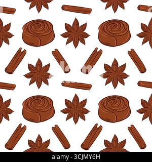 Pâte rouleau à la cannelle avec anis étoilé et motif sans couture de bâton dans un style plat. Parfait pour fond de boulangerie, menu de petit déjeuner et paquet de pâtisserie sucrée. Illustration de Vecteur