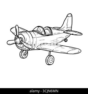 Avion drôle pour enfants avec hélice, croquis. Illustration vectorielle. Jouet pour enfants volant, isolé sur fond blanc. Thème de l'enfance, anniversaire, Illustration de Vecteur