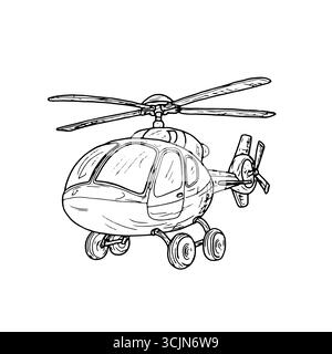 Hélicoptère drôle pour enfants avec une hélice, croquis noir et blanc. Illustration vectorielle. Un jouet d'enfant volant, isolé sur un fond blanc. CH Illustration de Vecteur