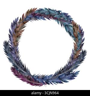 Couronne circulaire de plumes d'oiseau bleu aquarelle, Bordeaux, noir et brun sur fond blanc. Parfait pour les invitations, les logos et la marque avec un espace pour le texte. Dessiné à la main Banque D'Images