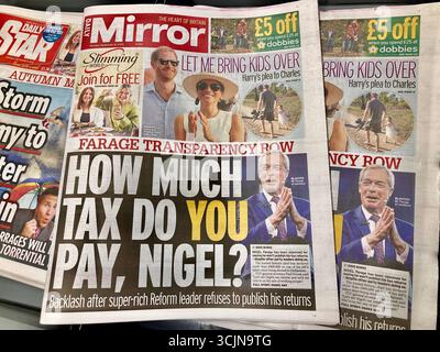 Un journal britannique rapporte que Nigel Farage a été critiqué pour avoir dit qu'il ne publierait pas ses déclarations de revenus Banque D'Images