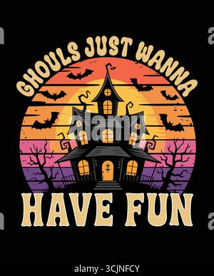 Stay Spooky Haunted House T-shirt | T-shirt gothique Vintage Halloween avec pleine lune, chauves-souris, Silhouette de château effrayant . Illustration de Vecteur