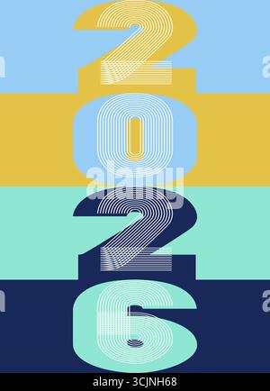 Fond de couverture rétro avec numéro vertical 2026 sur fond de couleurs néon pastel géométrique.illustration vectorielle de conception graphique pour Happy New Year CHRI Illustration de Vecteur
