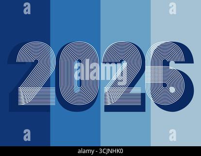 Fond de couverture rétro avec numéro horizontal 2026 sur fond bleu géométrique. Illustration vectorielle de conception graphique pour Joyeux nouvel an Noël Banne Illustration de Vecteur