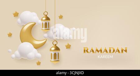 Ramadan 3d conception de bannière réaliste avec croissant de lune doré suspendues lanternes étoiles et nuages Illustration de Vecteur