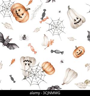 Ce motif d'Halloween avec divers éléments emblématiques chauves-souris et citrouilles. Fond sans couture parfait pour une utilisation dans les textiles, les papiers peints et festif Banque D'Images