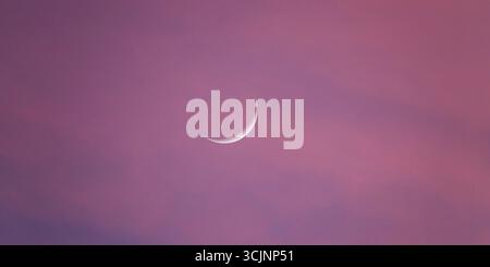 Le premier croissant de lune, également connu sous le nom de croissant de lune initial, un petit ruban de lumière à l'ouest au coucher du soleil, en forme de « C » renversé Banque D'Images