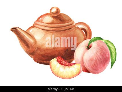 Théière en terre cuite et pêches mûres. Illustration d'aquarelle dessinée à la main isolée sur fond blanc Banque D'Images