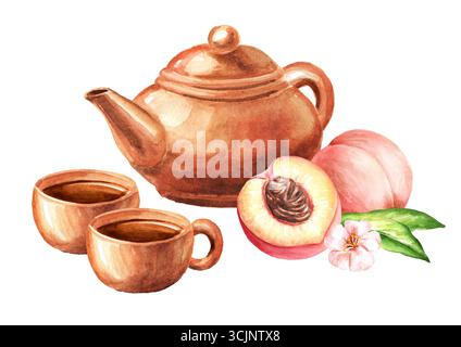 Théière en terre cuite avec tasses ensemble et pêches mûres. Illustration d'aquarelle dessinée à la main isolée sur fond blanc Banque D'Images