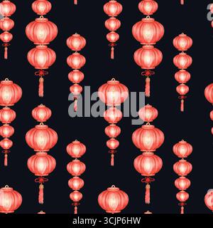 Modèle sans couture avec des lanternes asiatiques en papier rouge aquarelle sur fond noir. Nouvel an chinois. Motif festival de lanterne. Aquarelle ILLE dessinée à la main Banque D'Images