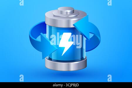 Batterie complètement chargée avec flèches. Batterie d'alimentation en verre réaliste. Illustration vectorielle Illustration de Vecteur