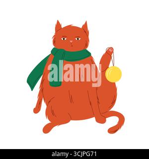Chat rouge mignon portant une écharpe verte, tenant une boule de Noël jaune isolé sur fond blanc dans un style plat de vacances festif. Illustration de Vecteur