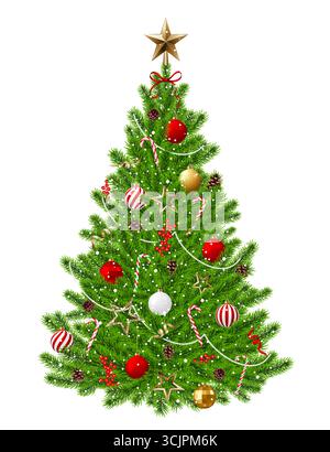 Arbre de Noël isolé, décoration, boule, guirlande, ornement Illustration de Vecteur