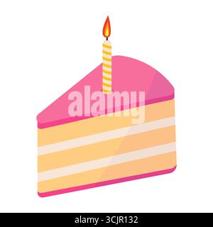 Tranche de gâteau d'anniversaire avec bougie. Parfait pour les invitations de fête, les cartes de vœux, les décorations de vacances ou les dessins liés aux anniversaires et anniversaires. Illustration de Vecteur